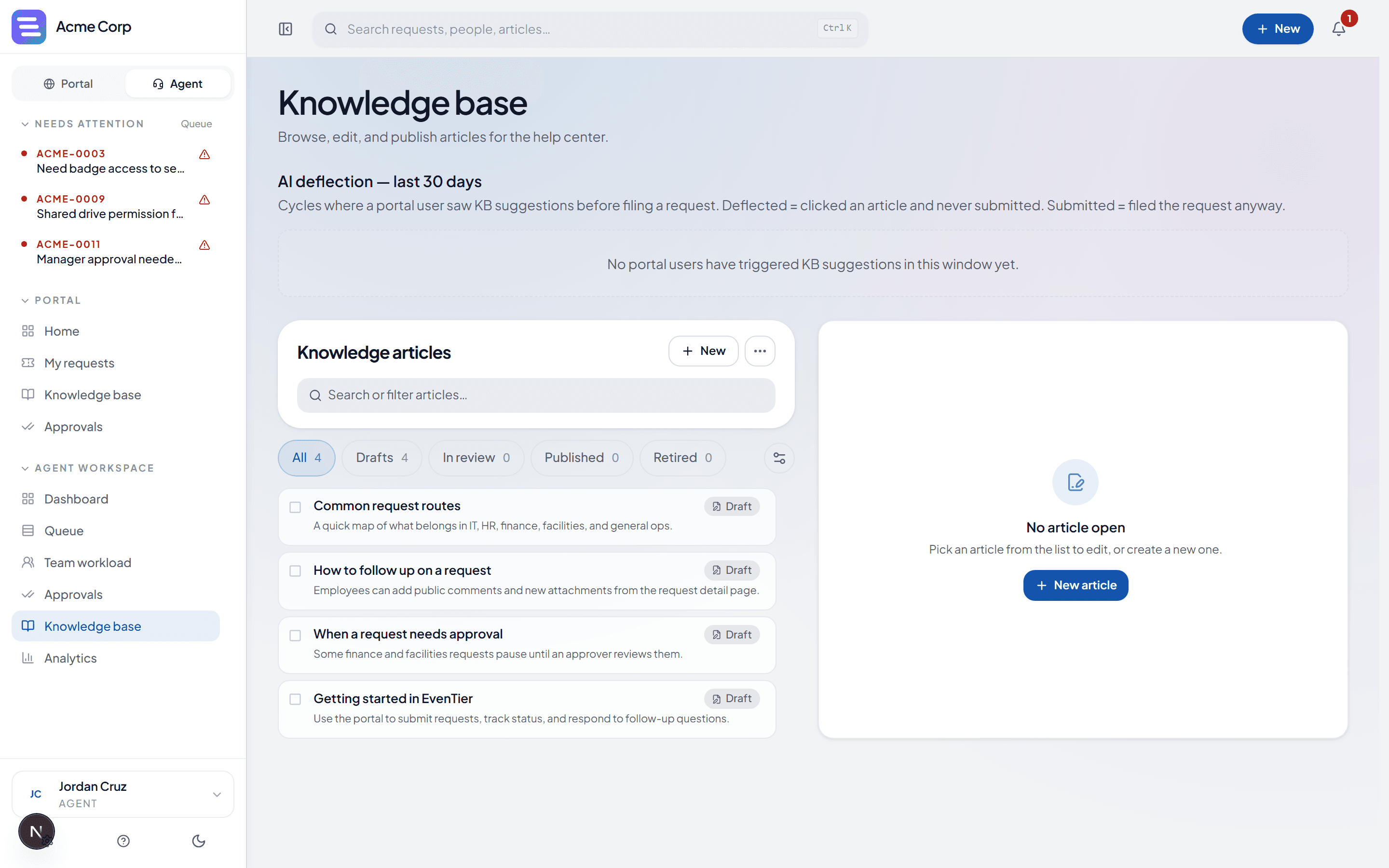EvenTier agent · knowledge base screenshot