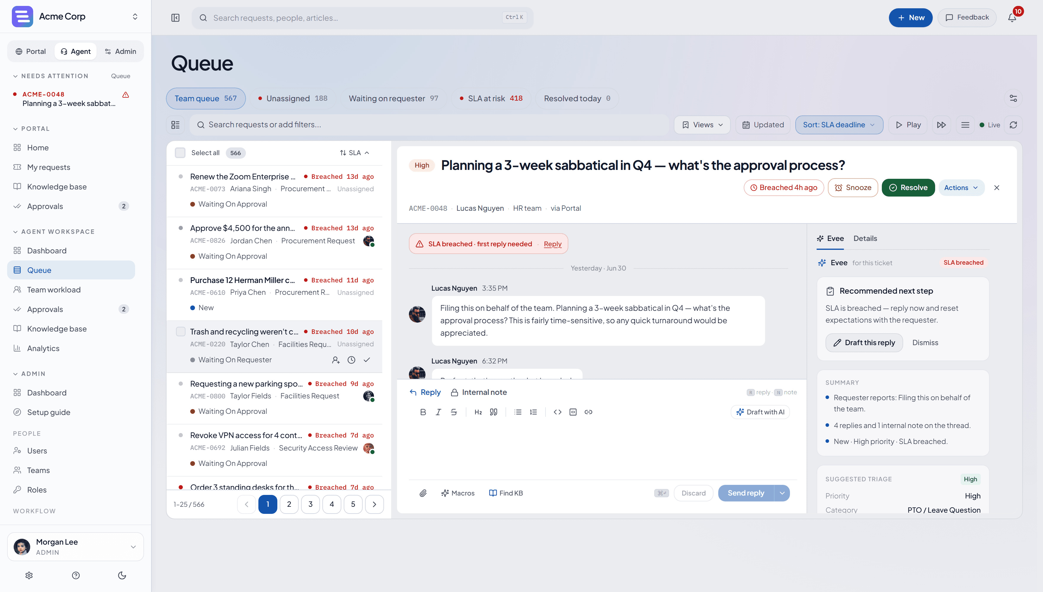 EvenTier agent queue with split-view request inspector and SLA breach badges