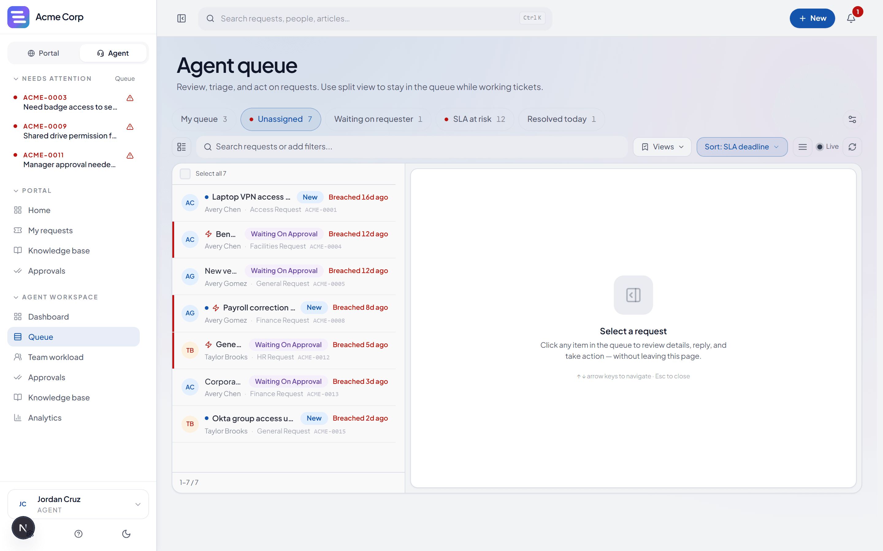 EvenTier agent queue — Unassigned queue with SLA breach badges and split-view request inspector