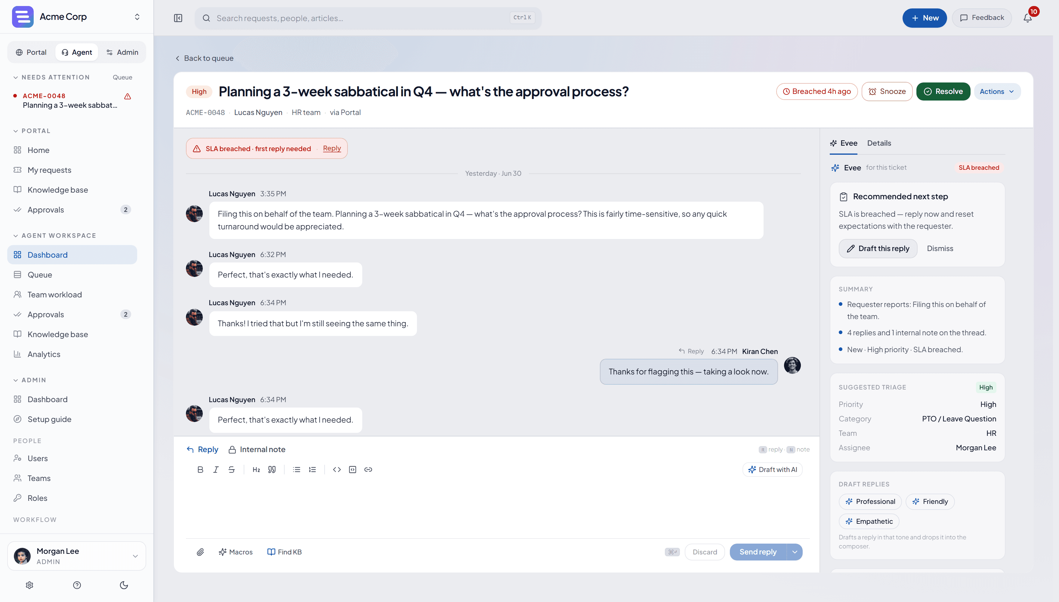 EvenTier request inspector: conversation thread, reply composer, and one-click resolve