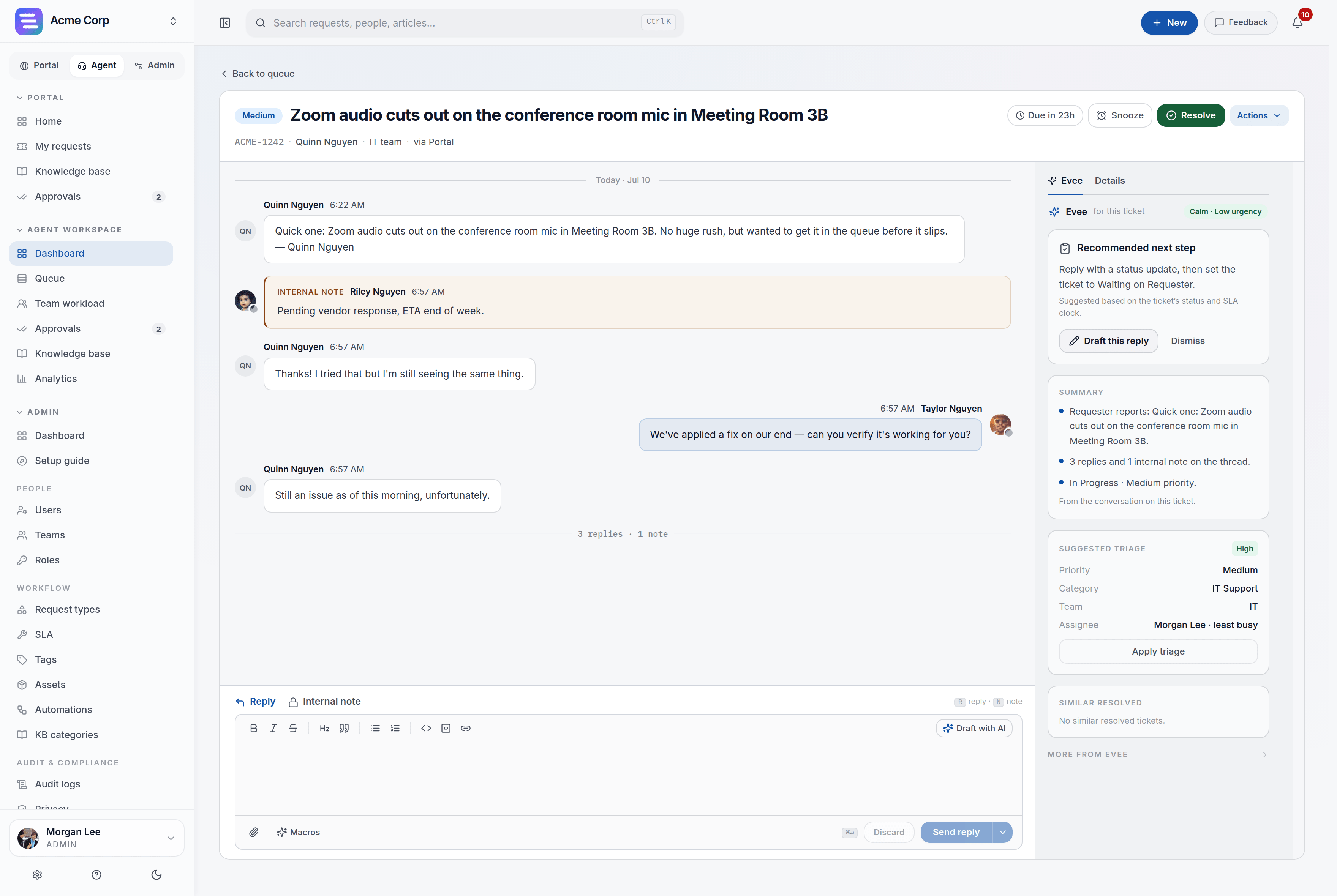 EvenTier request inspector: conversation thread, reply composer, and Evee's summary and drafted reply