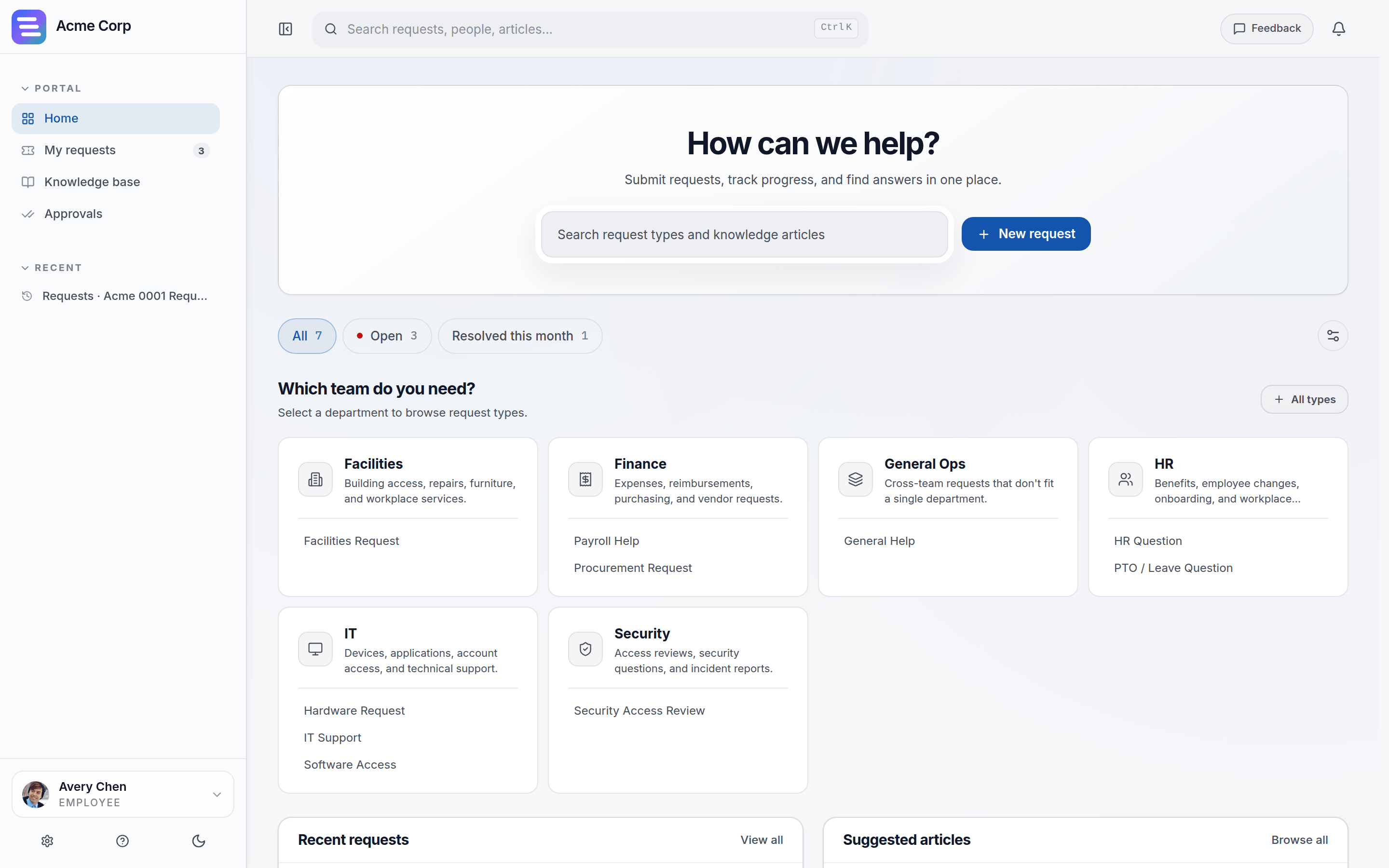 EvenTier employee portal: request categories, intake forms, and the requester's open requests